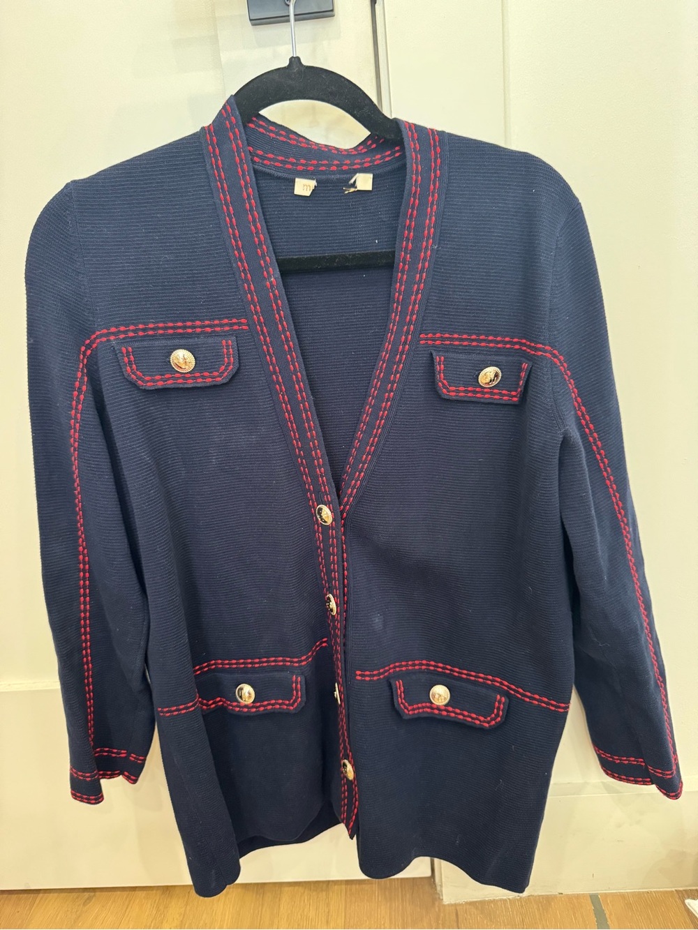 Maje Navy Knit Cardigan with Red Trim - Classic Button Front